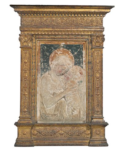 Relief af Jomfru og Barn (forgyldt og polykrom stuk) af Desiderio da Settignano (after)