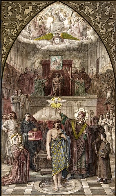 Sankt Remigius døber Clovis i Reims - Dåben af frankernes konge Clovis I (466-511) i Reims af Eveque Saint Remi den 25/12/496 (eller 499) - gravering efter maleriet af Desire Francois Laugee af Desire Francois Laugee