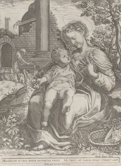 Den hellige familie i Egypten, med Joseph som tømrer i baggrunden..., [1577], genudgivet 1774. af Diana Mantuana