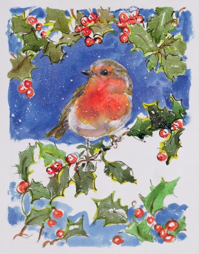 Christmas Robin, 1996 (wc) af Diane Matthes