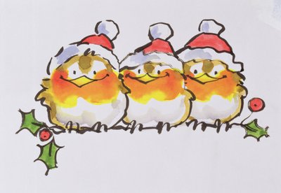 Christmas Robins (blæk og wc på papir) af Diane Matthes