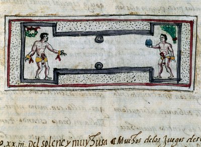 Aztekerne spiller pelota, miniature fra History of Indies (Historia de las Indias) af Diego Duran (1537-1588), manuskript fra 1579 af Diego Duran