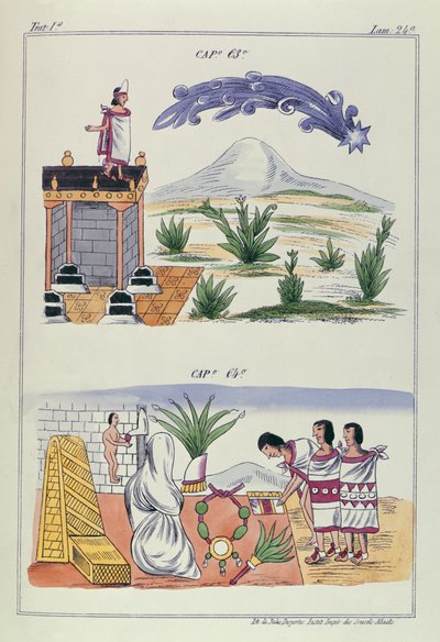 Cap 63 og Cap 64, illustrationer fra "Historia de las Indias de Nueva Espana y islas de tierra firme", med plancher af Jules Desportes, Mexico, 1867-80 af Diego Duran