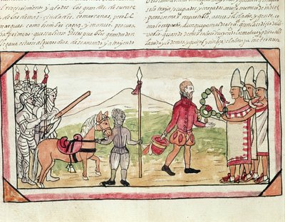 Fol.208v Møde mellem Hernando Cortes (1485-1547) og Montezuma (1466-1520), miniature fra 