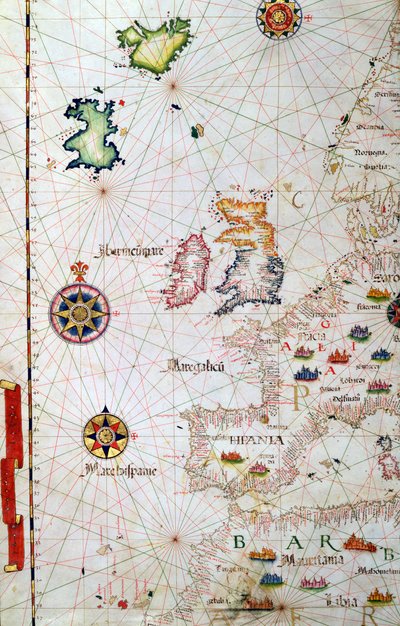 De britiske øer, Iberia og Nordvestafrika, detaljer fra et verdensatlas, 1565 af Diego Homem