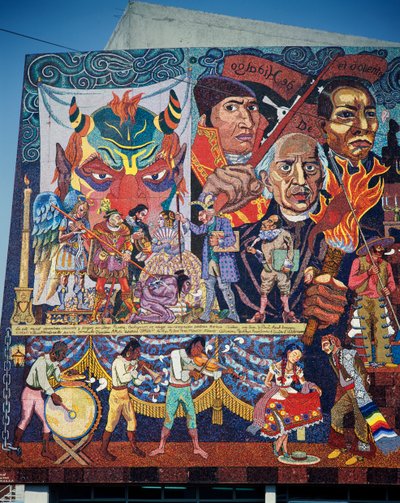 Hidalgo, Morelos og Juarez, helte i kampen for uafhængighed, detalje fra mosaikmaleriet på facaden af Oprørernes Teater, Mexico City. Mexico, 20. århundrede. af Diego Rivera