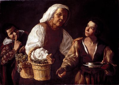 De to drenge og den gamle frugtkvinde eller den gamle frugtsælger. Maleri af Diego Rodriguez af Silva Velazquez (Velasquez af Diego Rodriguez de Silva y (attr. to) Velazquez