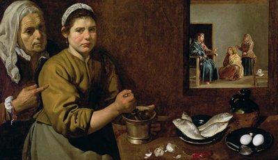 Køkkenscene med Kristus i Marthas og Marias hus, ca. 1618 (olie på lærred) af Diego Velázquez