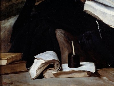 Portræt af narren Diego de Acedo, detalje. Bøger. Maleri af Diego Rodriguez de Silva og Velasquez (1599-1660) af Diego Velázquez