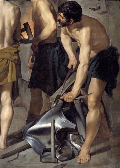 Vulcans smedje, detalje. En af smedene arbejder på rustning. Maleri af Diego Velasquez (1599-1660) 1630 søn. 2,23x2,90 m Madrid, Prado-museet af Diego Velázquez