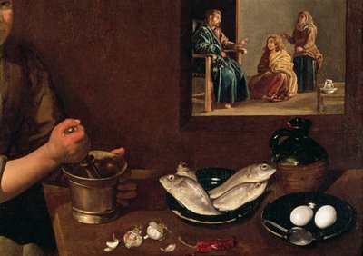 Køkkenscene med Kristus i Martha og Marias hus (detalje af Mad på bordet med Kristus, Martha og Maria i baggrunden, se 99423), ca. 1618 af Diego Velázquez