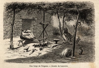 En sigøjner-smedje i regionen Walachia, Rumænien. Gravering til illustration af rejsen fra Paris til Bukarest af Lancelot, tegner, i 1860, offentliggjort i "Le tour du monde, nouveau journal des voyages", under ledelse af Edouard Charton af Dieudonne Auguste Lancelot
