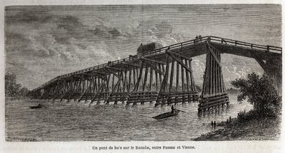 En træbro over Donau, mellem Passau og Wien, tegning af Lancelot, for at illustrere Victor Duruys rejse fra Paris til Bukarest i 1860. Indgravering i "" Le tour du monde"", redigeret af Edouard Charton af Dieudonne Auguste Lancelot