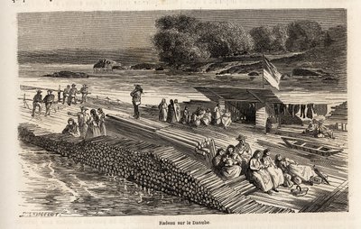 En træflåde på Donau, til transport af varer og mennesker, tegning af Lancelot, for at illustrere Victor Duruys rejse fra Paris til Bukarest i 1860. Indgravering i "" Le tour du monde"", redigeret af Edouard Charton af Dieudonne Auguste Lancelot