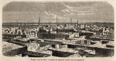 Generelt billede af Tripoli, tegning af Lancelot, for at illustrere baron de Kraffts tripolitanske vandreture i 1860. Stik i “” Le tour du monde”” 1861. Selvas samling. af Dieudonne Auguste Lancelot
