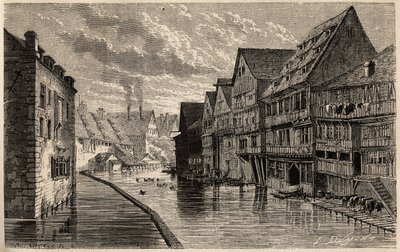 Gamle garverier, i Ulm, tegning af Lancelot, til illustration af Victor Duruys rejse fra Paris til Bukarest i 1860. Indgravering i "" Le tour du monde", redigeret af Edouard Charton af Dieudonne Auguste Lancelot