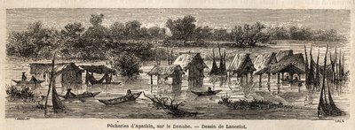Fiskeriet i Apathin (Serbien), ved Donau. Tegning af Lancelot, for at illustrere hans rejse fra Paris til Bukarest i 1860. Indgravering i "" Le tour du monde"", redigeret af Edouard Charton af Dieudonne Auguste Lancelot