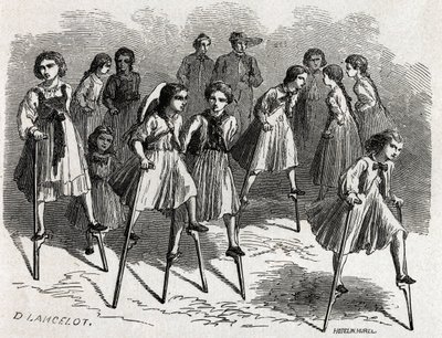 Echasse -spillet på ULM, designet af Lancelot, for at illustrere Victor Duruys rejse fra Paris til Bukarest i 1860. Gravering i “” le Tour du Monde ”, redigeret af Edouard Charton af Dieudonne Auguste Lancelot