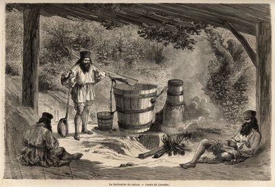 Fremstilling af rakiou, kornalkohol, slags snaps meget almindelig i Rumænien. Indgravering til illustration af rejsen fra Paris til Bukarest af Lancelot, tegner, i 1860, offentliggjort i "Le tour du monde, nouveau journal des voyages", under vejledningen af Dieudonne Auguste Lancelot