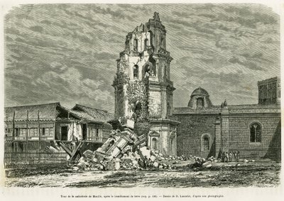 Tower of the Cathedrale of Manila, after the earthquake on July 18, 1880. Engraving by Lancelot to illustrate the story Lucon and Palaouan, six years in the Philippines, by Alfred Marchedani af Dieudonne Auguste Lancelot