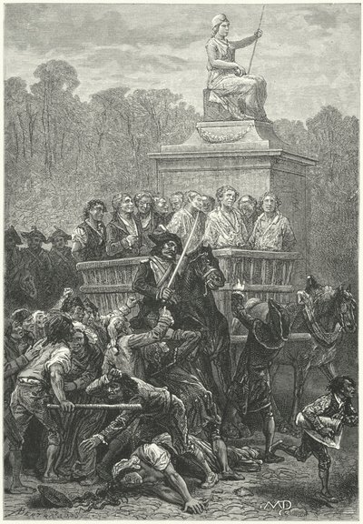 En tumbril fuld af fanger på vej til guillotinen, den franske revolution (gravering) af Diogene Ulysse Napoleon Maillart