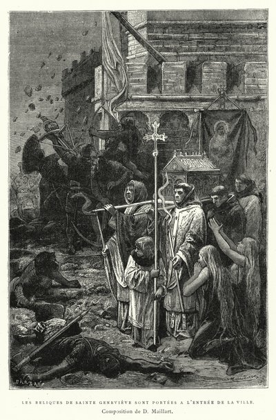 Relikvier af Saint Genevieve er båret ved indgangen til byen (gravering) af Diogene Ulysse Napoleon Maillart