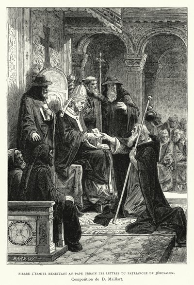 Eremitten Peter leverer til pave Urban brevene fra patriarken af ​​Jerusalem (gravering) af Diogene Ulysse Napoleon Maillart