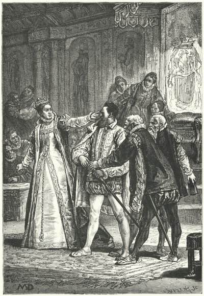 Jarlen af Essex truer med at trække sit sværd, efter at dronning Elizabeth I slog ham om øret for hans uforskammethed, 1598 af Diogene Ulysse Napoleon Maillart