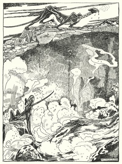 "Vi så drageungerne gå ned til bassinet for at drikke og rense sig" (gravering) af Dion Clayton Calthrop