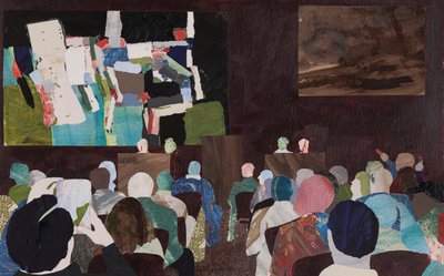 Abstrakt menneskemængde, auktionscollage af Dione Verulam