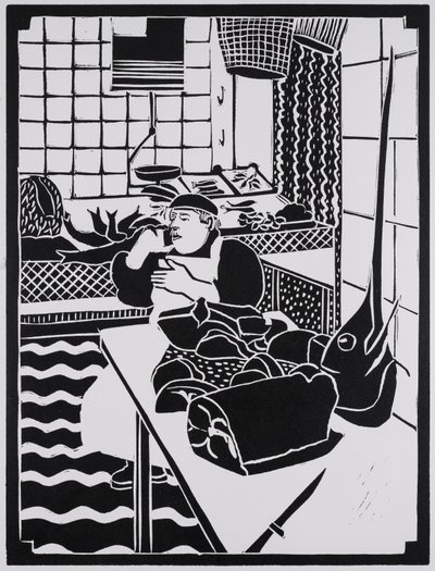 Fisk til salg, Sicilien, 2025 (Linoleumssnit) af Dione Verulam