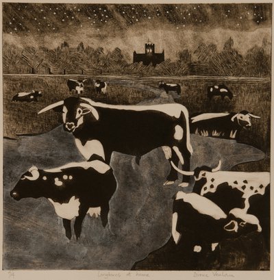 Longhorns på hjemmebane, 2017 (collagraph) af Dione Verulam