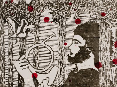 Siegfried, skovfuglene  drageblod, Wagners Ringcyklus, 2024 (træsnit) af Dione Verulam