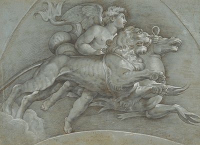 En bevinget Putto rider på en havhest og en løve efter Raphael, verso..., 1574. af Dionisio Calvaert