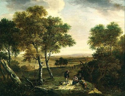 Et omfattende skovlandskab med bønder ved en sti, en by udenfor af Dionys Verburgh