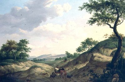 Et skovklædt landskab med hyrder og dyr på en klippe af Dionys van Dongen