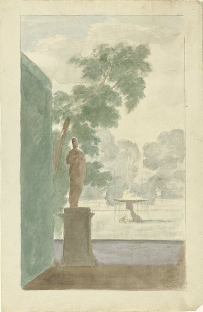Design til en vægdekoration i en hal: Udsigt til en have med en statue, springvand og urner af Dionys van Nijmegen (possibly)