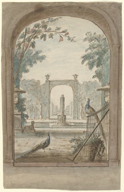 Design til et rummaleri med udsigt gennem et hegn på en have, påfugle og haveredskaber af Dionys van Nijmegen (possibly)