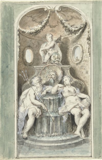 Design til et dekorativt maleri med et springvand af Dionys van Nijmegen