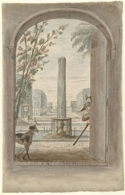 Design til et rummaleri med udsigt gennem en åben dør i en have med springvand af Dionys van Nijmegen