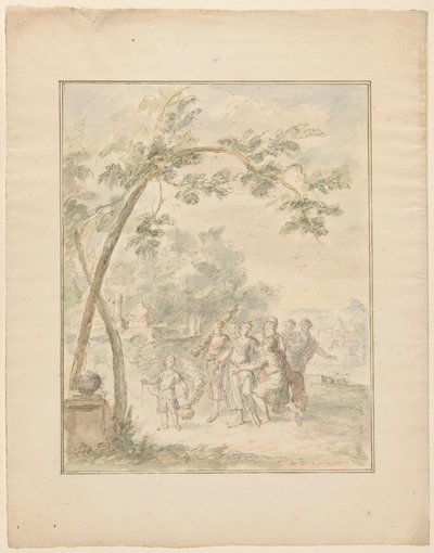 Design til et rummaleri af et landskab med en gruppe mennesker af Dionys van Nijmegen
