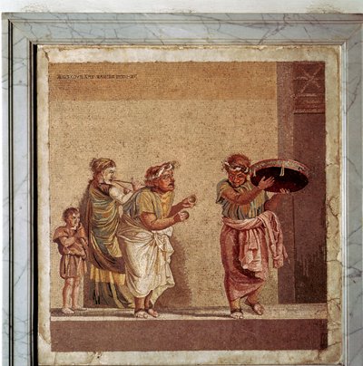 Romersk mosaik af musikere og maskerede skuespillere i et teaterstykke, Pompeji, Italien af Dioscurides