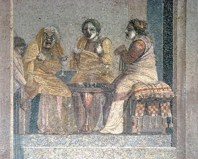 Romersk mosaik af scene fra leg med maskerede skuespillere, Villa of Cicero, Pompeji, c2. århundrede f.Kr. af Dioscurides of Samos
