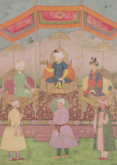 Mughal-kejser Babur og hans søn, Humayan, indisk miniature fra Rajasthan, 1500-tallet af Dip Chand