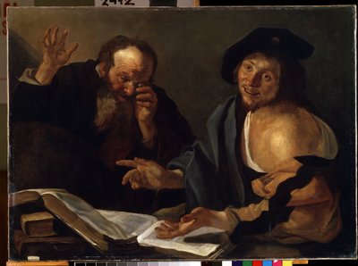 """"Heraklit og Demokrit"" De græske filosoffer Heraklit fra Efesos (Heraklit) (535-475 f.Kr.) og Demokrit (Demokrit) (460-370 f.Kr.). Maleri af Theodore van Baburen (Dirk Baburen) (1570/90-1623/4) Mikalo Fine Arts Museum fra det 17. århundrede af Dirck Baburen van