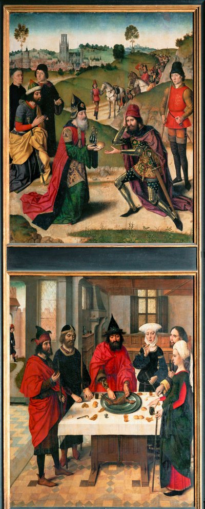 Nadverens alter, venstre fløj: øverst: Abraham og Melkisedek (maleri på træ) af Dirck Bouts