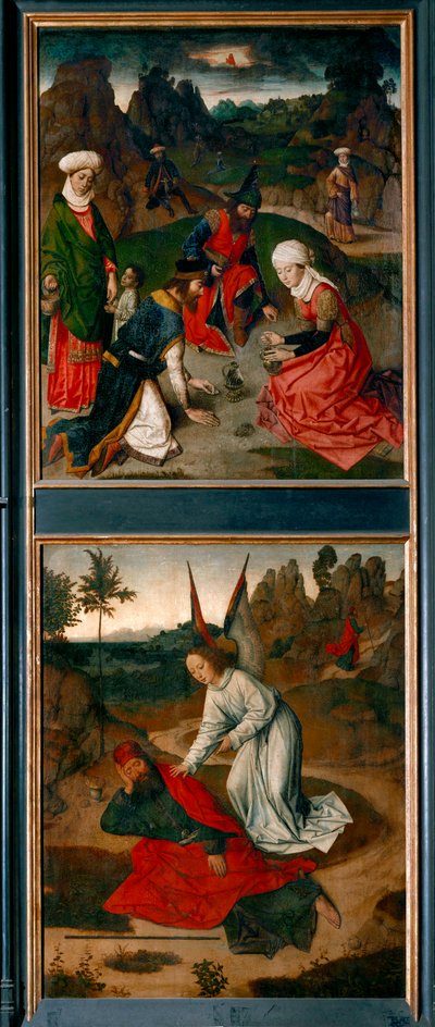 Nadverens alter, højre fløj: øverst: indsamlingen af manna i ørkenen nederst: englen vækker profeten Elias (maleri på træ) af Dirck Bouts