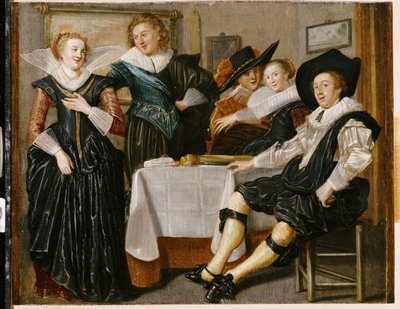 Et lystigt selskab i et interiør (olie på panel) af Dirck Hals
