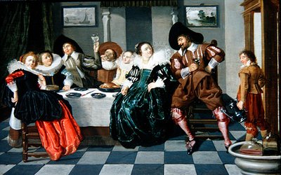 Elegant selskab ved et bord i et interiør (olie på panel) af Dirck Hals
