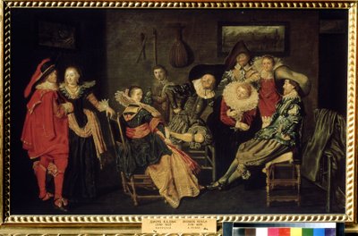 ""The Merry Company"" (The Merry Company) Festen i en velhavende hollandsk bolig, et bord af elegant klædte borgerlige. Maleri af Dirck Hals (1591-1656) 1600-tallet Dim. 41x66 cm Pushkin Museum, Moskva af Dirck Hals